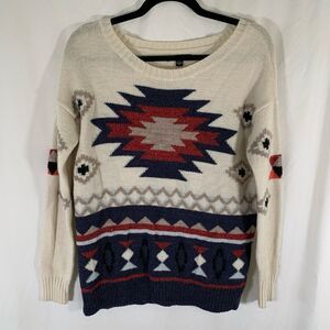 American Eagle Wool Blend Sweater Women's Small Aztec White Blue Knit Pullover
